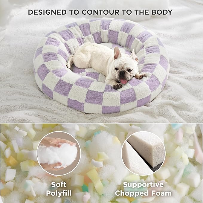 Lesure Donut Medium Dog Bed - Round Cat Beds for Indoor Cats Calming Pet Beds, Cute Modern Beds with Jacquard Shaggy Plush & Anti Slip Bottom, 30 Inch, Purple