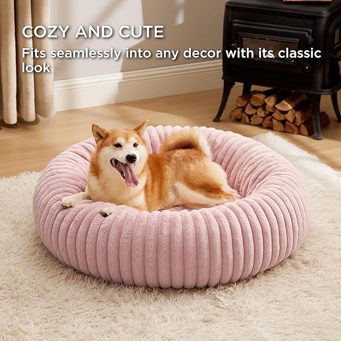Bedsure Donut Large Dog Bed - Washable Faux Fur with Corduroy Fleece & Anti Slip Bottom, Round Pet Bed with Removable Cover, Blush Pink, 36x36x10 inches