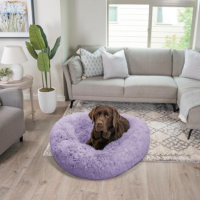 Best Friends by Sheri Original Calming Donut Dog and Cat Bed, Shag Faux Fur, Lavender, (36in x 36in) - Anxiety Relief for Pets Up to 100 lbs