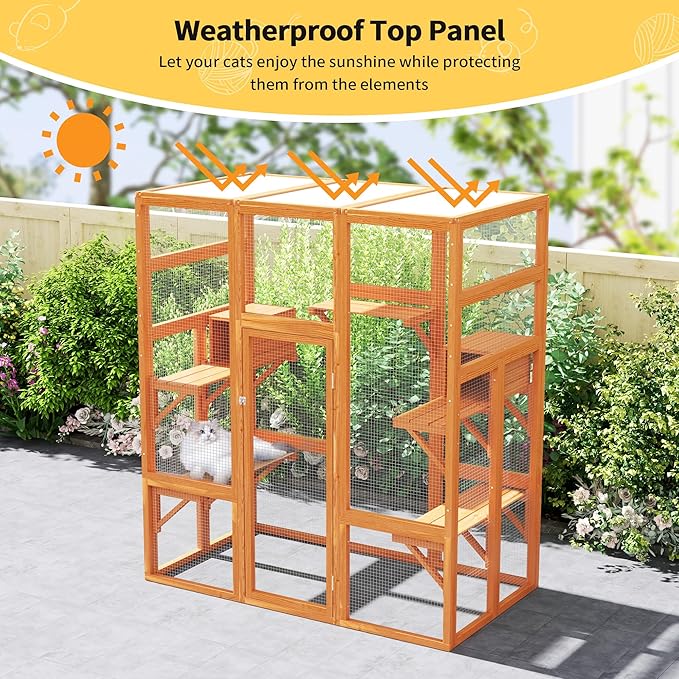 71Inches Large Wood Catio Outdoor Cat Enclosure with Perches and Condos, Cat House Indoor with Waterproof Roof, Cat Shelter 7 Platforms & 2 Resting Box, UV Resistant (Orange)