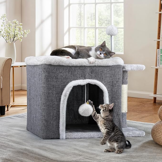 YITAHOME Cat Bed for Indoor Cats Cube House, Covered Cat House with Fluffy Ball Hanging and Nature Sisal Post,Cat Cave Bed Playhouse, Cute Cat Condo for Multi Small Pet Kitten, Grey