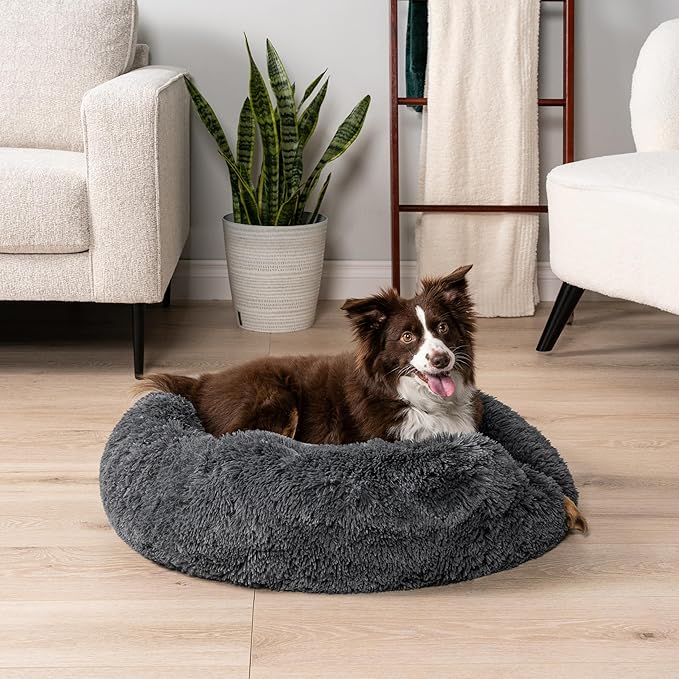 PetAmi Calming Dog Bed for Small Medium Dogs and Cats, Round Donut Washable, Fluffy Faux Fur Plush Cuddler Pet Kitten Cushion, Anti-Slip, Fits up to 45 lbs, 30 inch, Dark Gray