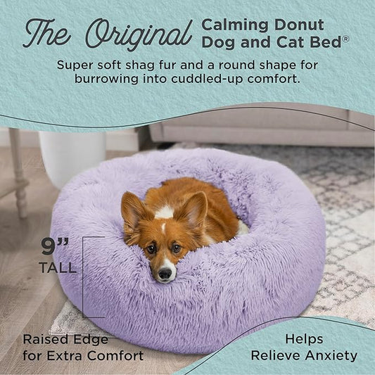 Best Friends by Sheri Original Calming Donut Dog and Cat Bed, Shag Faux Fur, Lavender, (30in x 30in) - Anxiety Relief for Pets Up to 45 lbs