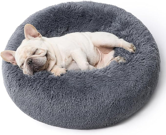 Bedsure Calming Dog Bed for Medium Dogs - Donut Washable Medium Pet Bed, 30 inches Anti-Slip Round Fluffy Plush Faux Fur Cat Bed, Fits up to 45 lbs Pets, Dark Grey
