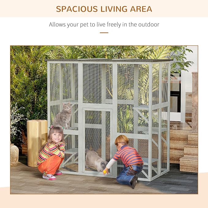 PawHut Outdoor Cat House Big Catio Wooden Feral Cat Shelter Enclosure with Large Spacious Interior, 6 High Ledges, Weather Protection Asphalt Roof, 71" L, Grey