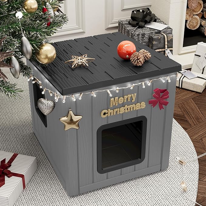 NUNU Outdoor Cat House – Weatherproof & UV Resistant PP Material Shelter with Sloped Asphalt Roof, Durable Cat Condo for Garden, Patio, and Backyard (Black, Large)