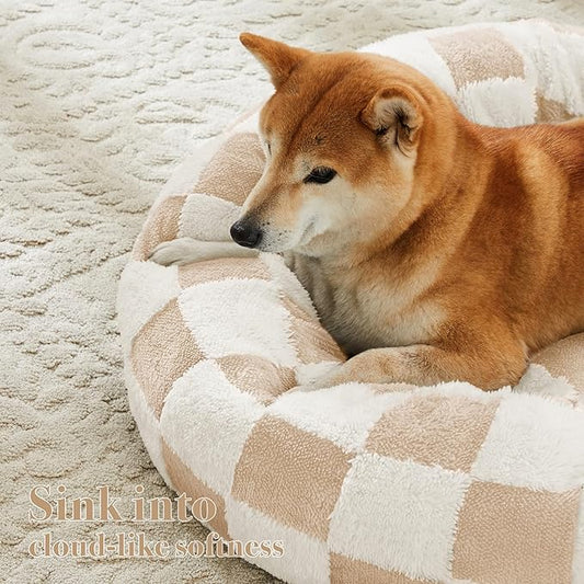 Checkered Dog Bed, Cute Beige Khaki Retro Style Aesthetic Round Warming Pet Calming Beds for Small Dog and Cats, Plush Cozy Donut Dog Beds Washable, 30" L x 30" W x 8" Th