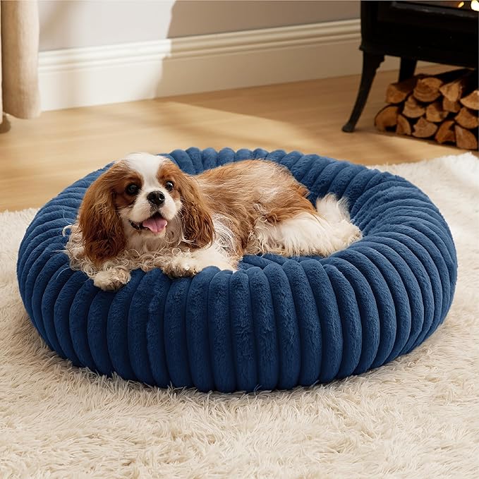 Bedsure Donut Small Dog Bed - Dog Beds for Small Dogs with Corduroy Fleece & Anti Slip Bottom, Round Faux Fur Pet Beds with Washable Removable Cover, Night Blue, 23x23x7 inches
