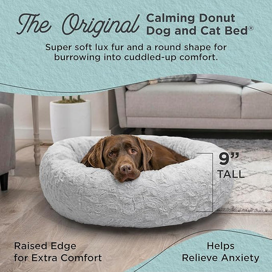 Best Friends by Sheri Original Calming Donut Dog and Cat Bed, Lux Faux Fur, Gray, (36in x 36in) - Anxiety Relief for Pets Up to 100 lbs