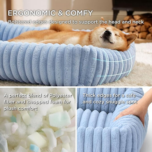 Bedsure Washable Dog Bed for Medium Dogs - Cute Furry Puppy Beds, Rectangle Orthopedic Corduroy Fleece Pet Beds with Removable Zipper Cover, 30x24x8inches, Blue