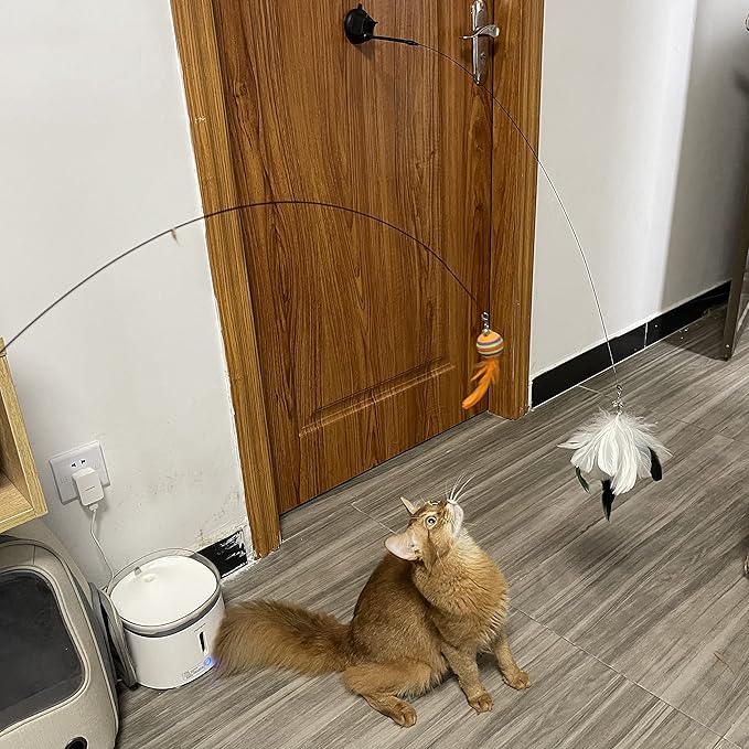 Interactive Cat Feather Toy with Super Suction Cup & Bonus Double-Sided Nano Adhesive – 3 Replaceable Feathers, Bell & Spring Wand – Fun Exercise for Indoor Cats & Kittens (Fly Bird Blue)