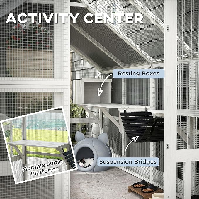 PawHut Large Catio Outdoor Cat Enclosure for Multiple Kittens, Wooden Cat House with Waterproof Cover, Walk in Kitty Cage Kennel with 2 Condos, 6 Platforms, Bridge, Doors, 110" x 73" x 74", White