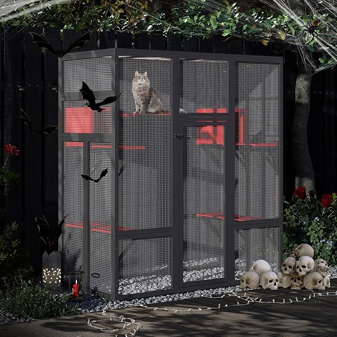 COZIWOW 70Inches Large Spacious Wooden Catio Outdoor Cat Enclosure with Perches and Condos, Cat Cage Indoor with Waterproof Roof, 7 Platforms & 2 Resting Box, UV Resistant (Gothic)