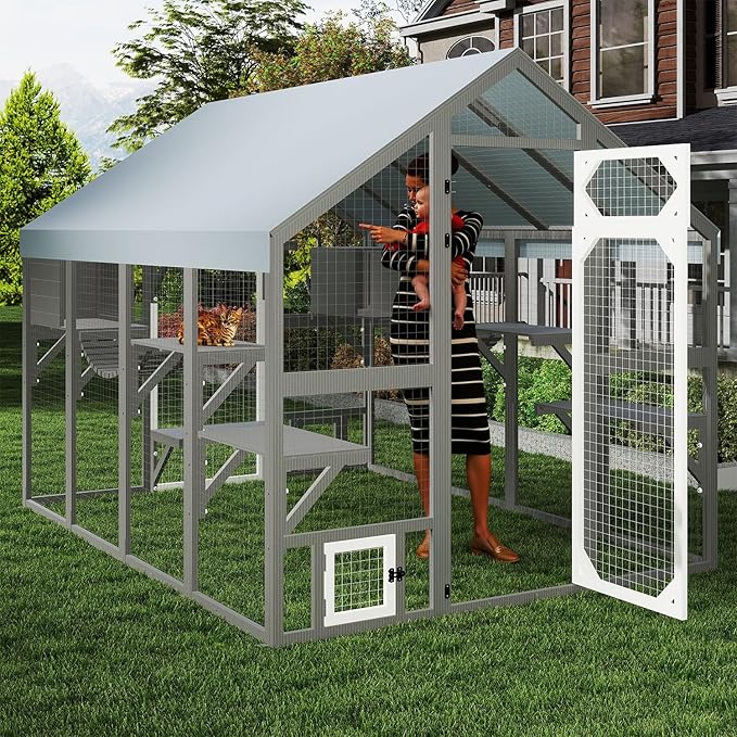 Extra Large Catio Outdoor Cat Enclosure for Multiple Cats, Wooden Walk-in Cat House with 2 Bridges, Window Connection, 2 Resting Boxes, 8 Platforms, Walks and Weatherproof Roof Cover