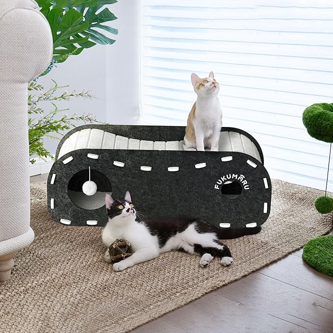 FUKUMARU Cat Beds for Indoor Pets, 31.5 Inches Extra-Large Cat Cave for Multi-Pet, Cozy House with Fluffy Ball Hanging, Scratch Resistant Felt Kitten Hideaway Bed, Feline Tunnel, Grey