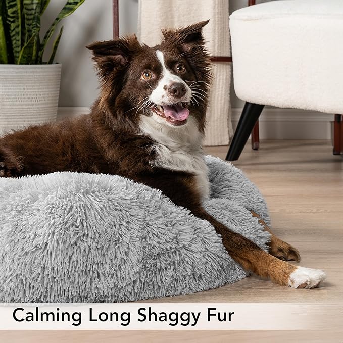 PetAmi Calming Dog Bed for Small Medium Dogs and Cats, Round Donut Washable Fluffy Faux Fur Plush Cuddler Pet Kitten Cushion, Anti-Slip, Fits up to 45 lbs, 30 inch, Light Gray