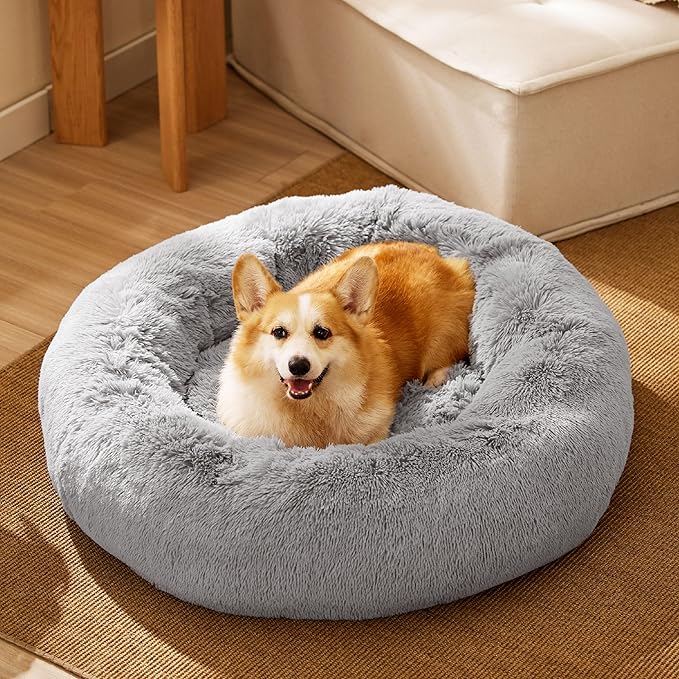 Bedsure Calming Dog Bed for Medium Dogs - Donut Washable Medium Pet Bed, 30 inches Anti-Slip Round Fluffy Plush Faux Fur Cat Bed, Fits up to 45 lbs Pets, Pale Grey