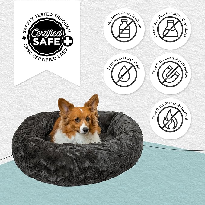Best Friends by Sheri Original Calming Donut Dog and Cat Bed, Lux Faux Fur, Mink Dark Gray, (30in x 30in) - Anxiety Relief for Pets Up to 45 lbs