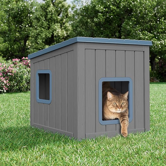 NUNU Outdoor Cat House – Weatherproof & UV Resistant PP Material Shelter with Sloped Asphalt Roof, Durable Cat Condo for Garden, Patio, and Backyard (Blue, Large)
