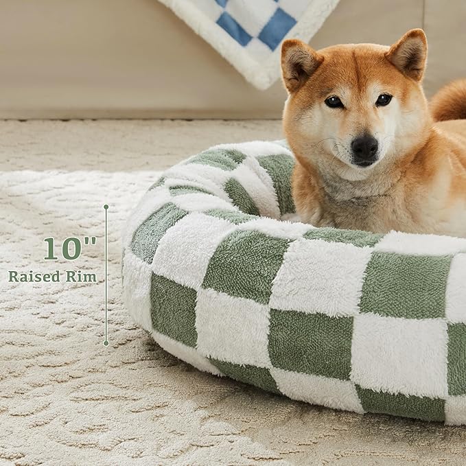 Checkered Dog Bed, Cute Sage Green Retro Style Aesthetic Round Warming Pet Calming Beds for Small Dog and Cats, Plush Cozy Donut Washable, 30" L x 30" W x 8" Th