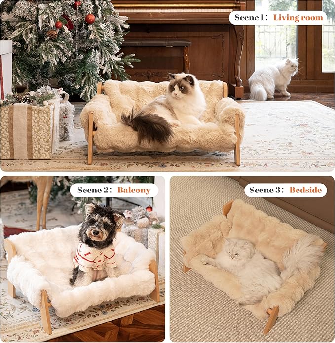 Elevated Cat Couch Bed for Indoor Cats, Wooden Cat Sofa with Removable Washable Fluffy Cover Raised Kitty Lounge Chair Suitable for Puppy(Cat Sofa Off-White)