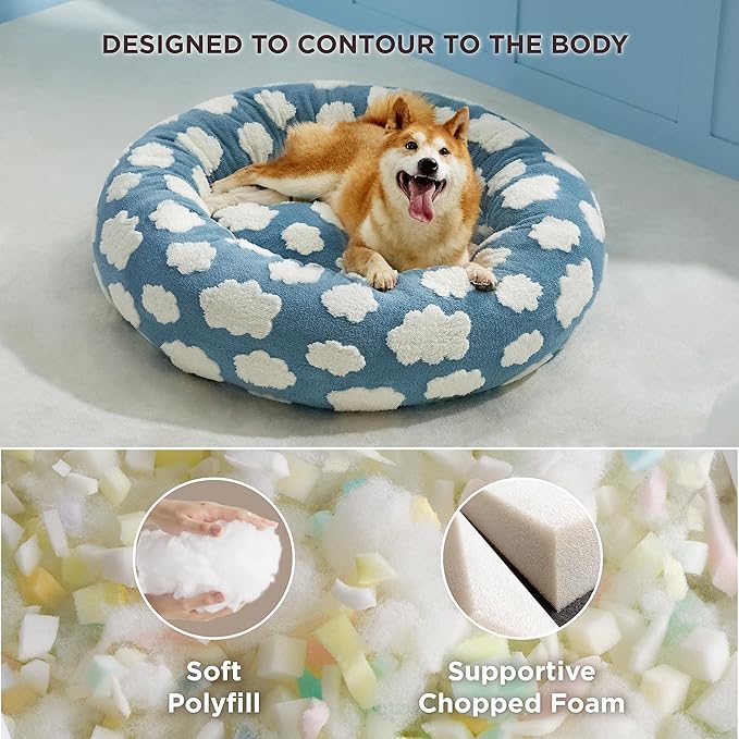 LE SURE Donut Dog Beds Large Sized Dog - Round Pet Beds for Calming Puppy with Washable Cover, Orthopedic Modern Beds with Jacquard Shaggy Plush & Anti Slip Bottom, 36 Inch，Blue