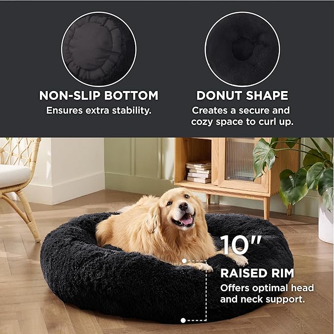 Bedsure Calming Dog Bed for Extra Large Dogs - Donut Washable Large Pet Bed, 45 inches Anti-Slip Round Fluffy Plush Faux Fur Dog Bed, Fits up to 120 lbs Pets, Black