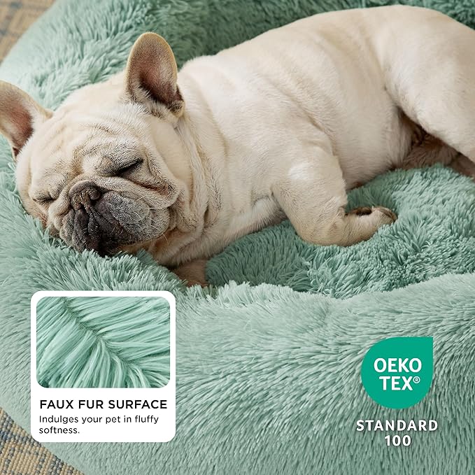 Bedsure Calming Dog Bed for Medium Dogs - Donut Washable Medium Pet Bed, 30 inches Anti-Slip Round Fluffy Plush Faux Fur Cat Bed, Fits up to 45 lbs Pets, Apple Green