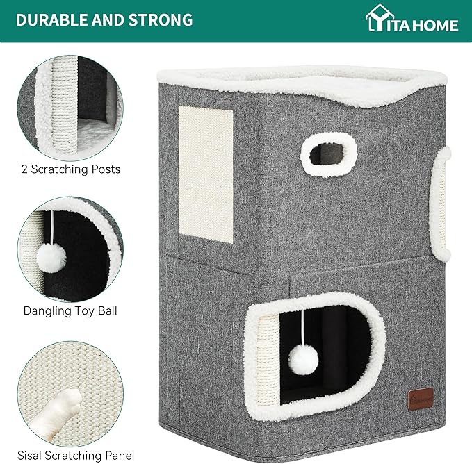 YITAHOME 2 Storey Cat House, Cat Beds for Indoor Cats, Small Cat Condo with Scratch Post and Hideaway Cave, Modern Cat Cube Playhouse for Multi Kittens, Classic Style, Grey