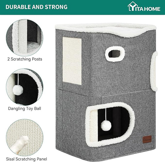 YITAHOME 2 Storey Cat House, Cat Beds for Indoor Cats, Small Cat Condo with Scratch Post and Hideaway Cave, Modern Cat Cube Playhouse for Multi Kittens, Classic Style, Grey