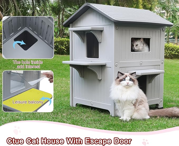 Rockever Luxury Plastic Outdoor Indoor Cat House with Escape Door, Waterproof 2 Story Outdoor Houses for Feral Cats Outside Cat Shelter, Spacious, Clean and Assemble Easily