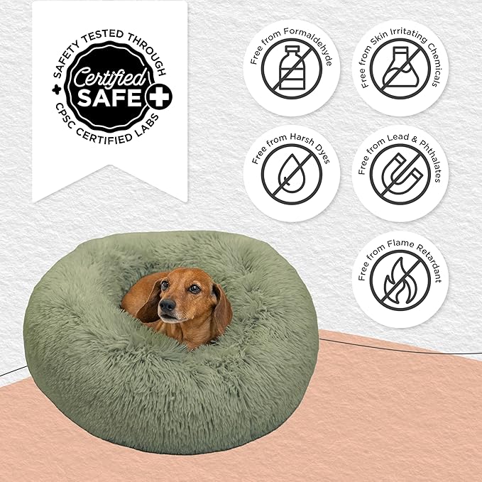 Best Friends by Sheri Original Calming Donut Dog and Cat Bed, Shag Faux Fur, Sage Green, (23in x 23in) - Anxiety Relief for Pets Up to 25 lbs