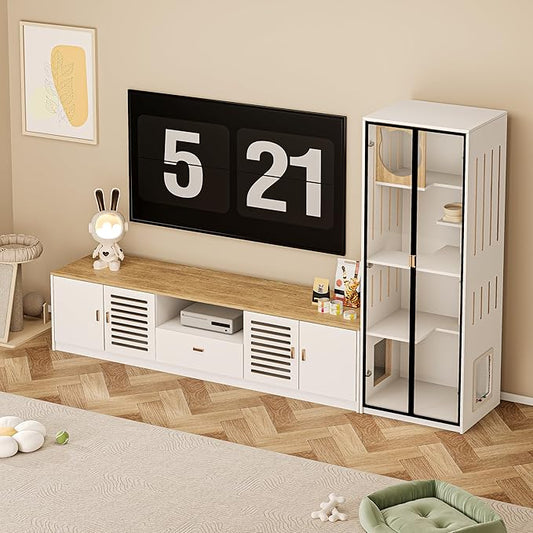 98.4" White TV Stand and Cat Tree Cabinet, 2-in-1 Entertainment Center and Cat Climbing Furniture with Scratching Posts Cat Door, Modern Wooden Design with Storage and Drawer for Living Room