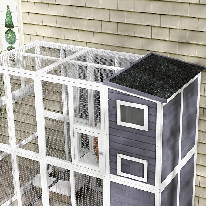 PawHut Catio Outdoor Cat Enclosure, Wooden Cat Patio with Platforms, Waterproof Asphalt Roof, Ramps, 77" L, Light Gray