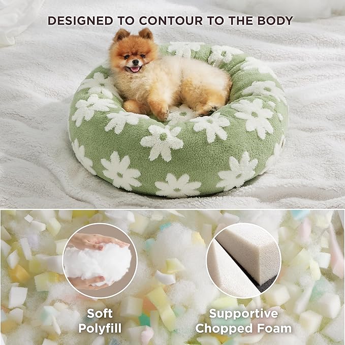 LE SURE Small Dog and Cat Bed - Round Calming Beds, Cute Modern Design with Jacquard Shaggy Plush, Anti-Slip Bottom, 23 Inch, Green