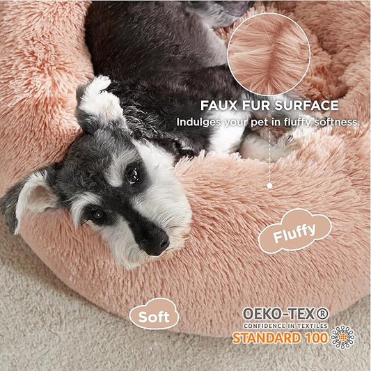 Bedsure Calming Dog Bed for Small Dogs - Donut Washable Small Pet Bed, 23 inches Anti-Slip Round Fluffy Plush Faux Fur Large Cat Bed, Fits up to 25 lbs Pets, Pink