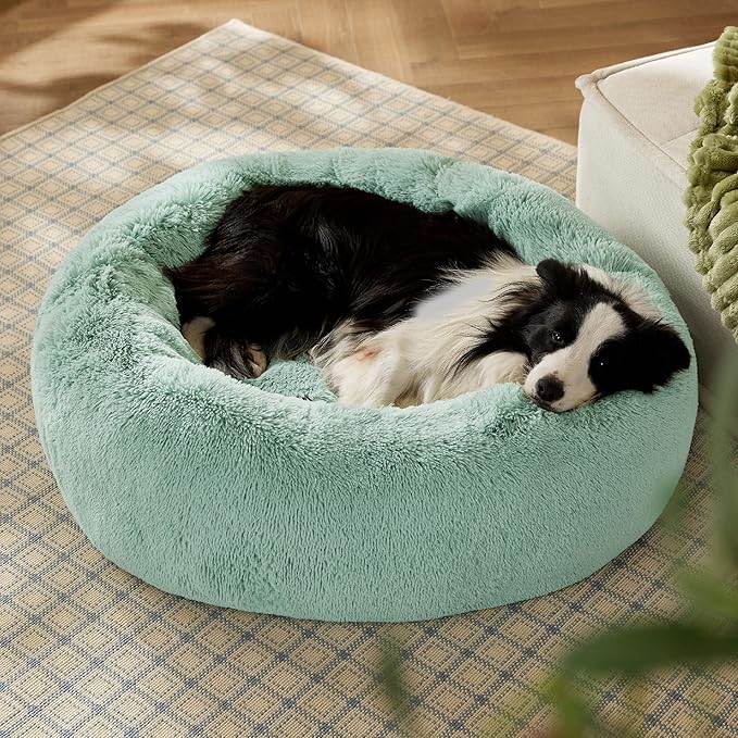 Bedsure Calming Dog Bed for Large Dogs - Donut Washable Large Pet Bed, 36 inches Anti-Slip Round Fluffy Plush Faux Fur Dog Bed, Fits up to 80 lbs Pets, Apple Green