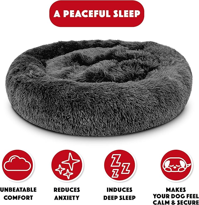 The Dog's Balls Sound Sleep Donut Dog Bed, Grey Plush Large Removable Cover Calming Nest Bed, Veterinary Approved