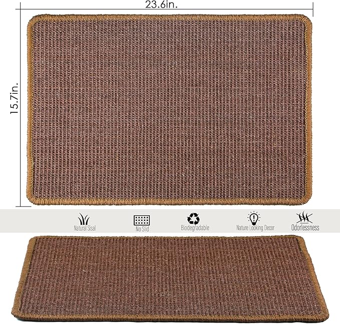 Cat Scratching Mat, 23.6 x 15.7inch Sisal Cat Scratchers for Indoor Cats with Velcro Tapes,Stick on Floor Wall Cat Scratcher,Horizontal Cat Scratcher Protect Carpets and Sofas (Dark Brown)…