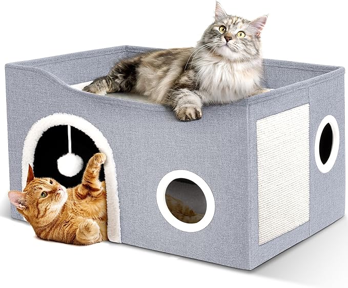 Heeyoo Cat House for Indoor Cats - Large Cat Bed Cave with Fluffy Ball and Scratch Pad, Foldable Cat Houses & Condos, Cat Hideaway, Covered Cat Bed for Multi Small Large Kitty, 23.8x15.9x13.2 Inches