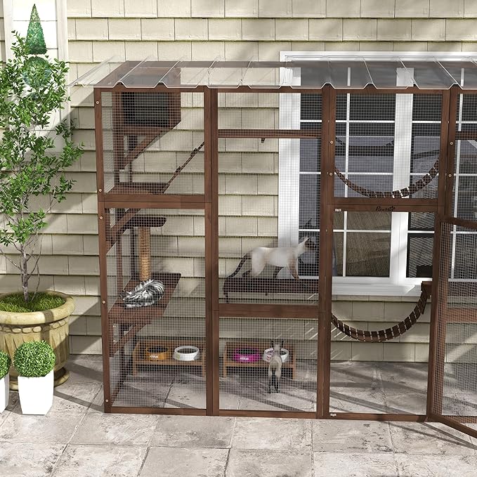 PawHut Catio Outdoor Cat Enclosure Window, Outdoor Cat House with Weather Protection Roof for Multiple Kitties, Wooden Frame, Shelves & Bridges, 118" x 37.5" x 74", Coffee Brown