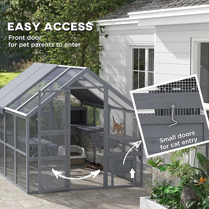 PawHut Large Catio Outdoor Cat Enclosure for Multiple Kittens, Wooden Cat House with Waterproof Cover, Walk in Kitty Cage Kennel with 2 Condos, 6 Platforms, Bridge, Doors, 110" x 73" x 74", Gray