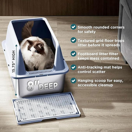 8" Deep 15.75" High Wall Sides Stainless Steel Cat Litter Box with Lid Extra Large Litter Box for Big Cats Deep Leak Proof Litter Pan, Easy Clean, Non Stick, No Odor, with Mat and Litter Scoop