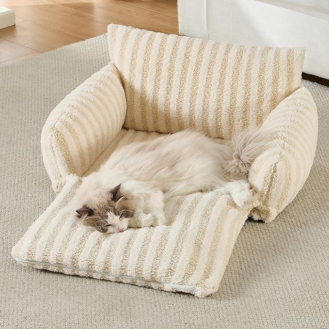 Hollypet Cat Bed Fluffy Plush Mutifuctional Double-Layer Soft Pet Couch Orthopedic Sofa Nest Beds for Small Cats and Dogs, Beige (25x20x13 inch)