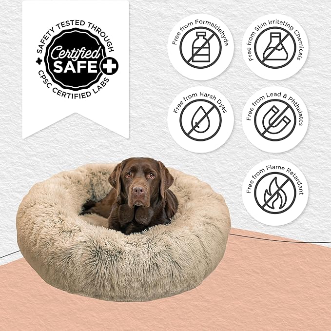Best Friends by Sheri Original Calming Donut Dog and Cat Bed, Shag Faux Fur, Taupe, (36in x 36in) - Anxiety Relief for Pets Up to 100 lbs
