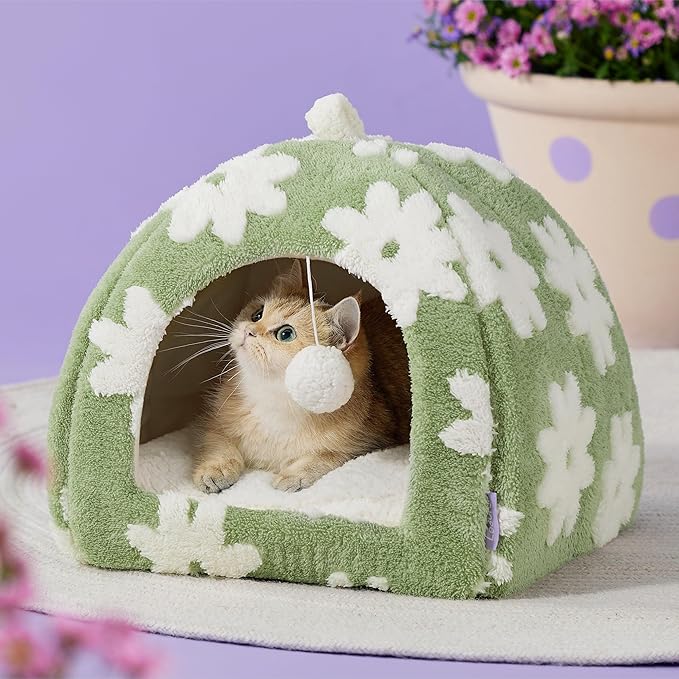 Lesure Cute Cat Beds for Indoor Cats - 2 in 1 Cat Cave Bed for Kittens and Small Pets with Removable Washable Cushioned Pillow, Cozy Ktten Tent with Non-Slip Bottom, Green, 16 inches