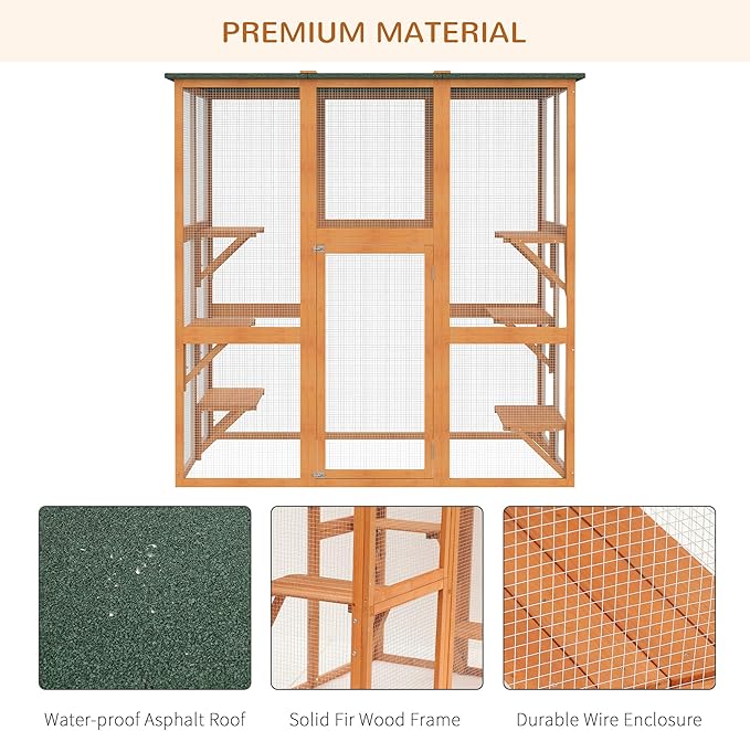 PawHut Outdoor Cat House Big Catio Wooden Feral Cat Shelter Enclosure with Large Spacious Interior, 6 High Ledges, Weather Protection Asphalt Roof, 71" L, Orange