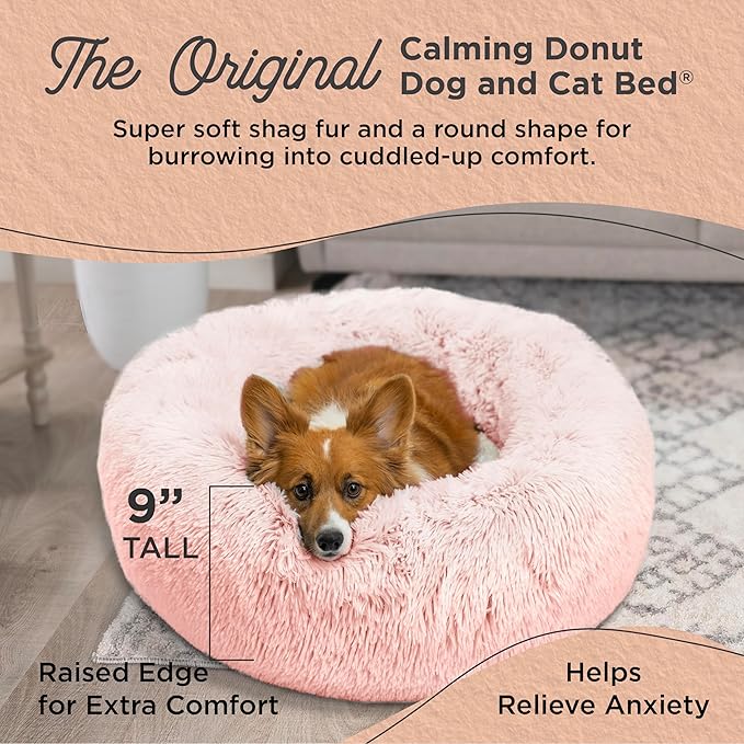 Best Friends by Sheri Original Calming Donut Dog and Cat Bed, Shag Faux Fur, Cotton Candy Pink, (30in x 30in) - Anxiety Relief for Pets Up to 45 lbs