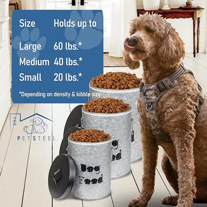 Medium 40lb Dog & 30lb Cat Pet Food Storage Canister with Scoop Combination – Durable & Airtight for Freshnesss, Minimalist Design & Recyclable, Medium Metal Container