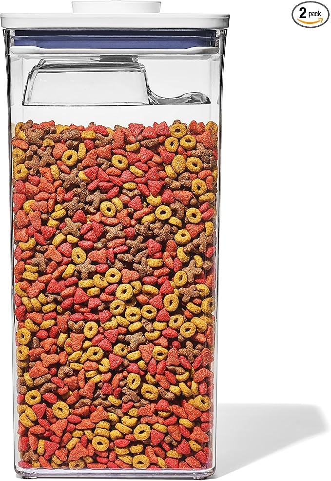 OXO Good Grips Pet POP Container – 6.0 Qt/5.7 L with Half Scoop, Ideal for up to 6.5lbs of Dog Food or 4.5lbs of Cat Food, Airtight Dog and Cat Food Storage Container, BPA Free, Clear